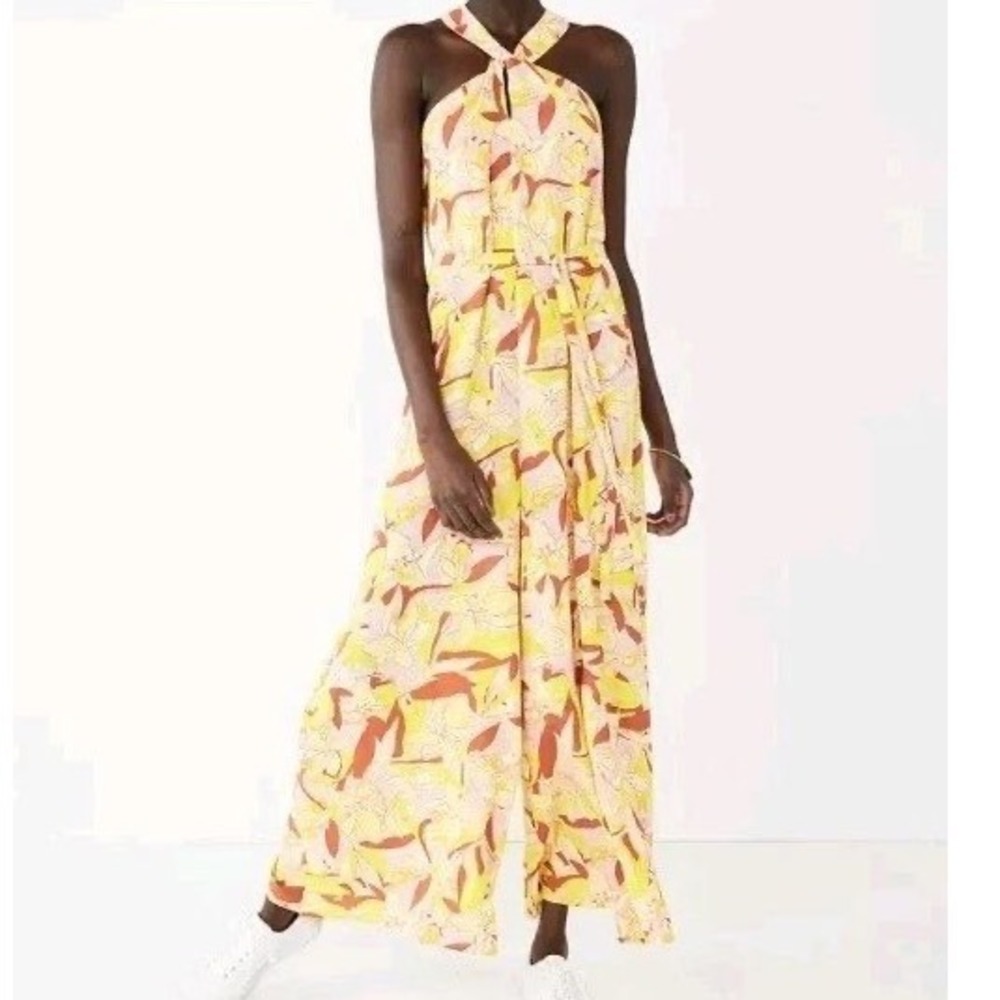 Nine West Yellow Floral Halter Neck Wide Leg Jumpsuit Sleeveless‎ Size L gf